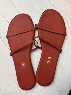 TKEES Minimal Double-Strap Slide Sandals in Brick Red
